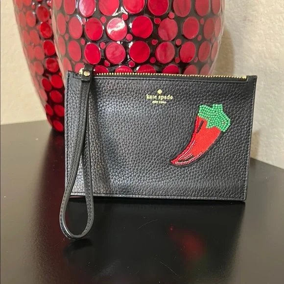 Kate Spade On Purpose Small Leather Zipped Wristlet - Embroidered Chili Pepper - Picture 3 of 16